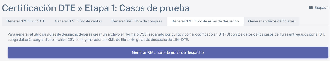 Estapa 1: casos de prueba - Generar XML libro de guías de despacho