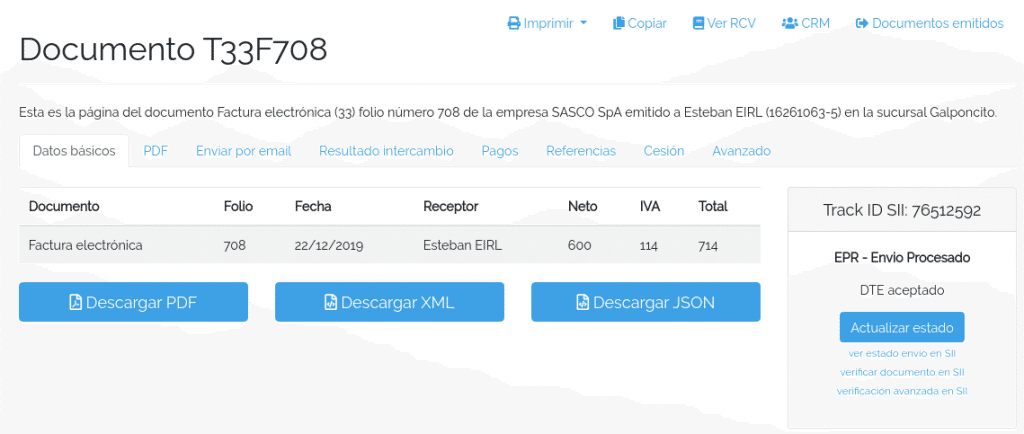 Factura datos de resolución aceptada por SII