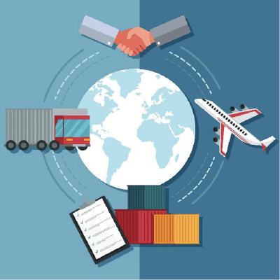 Ilustración del planeta Tierra con medios de transporte de exportación alrededor