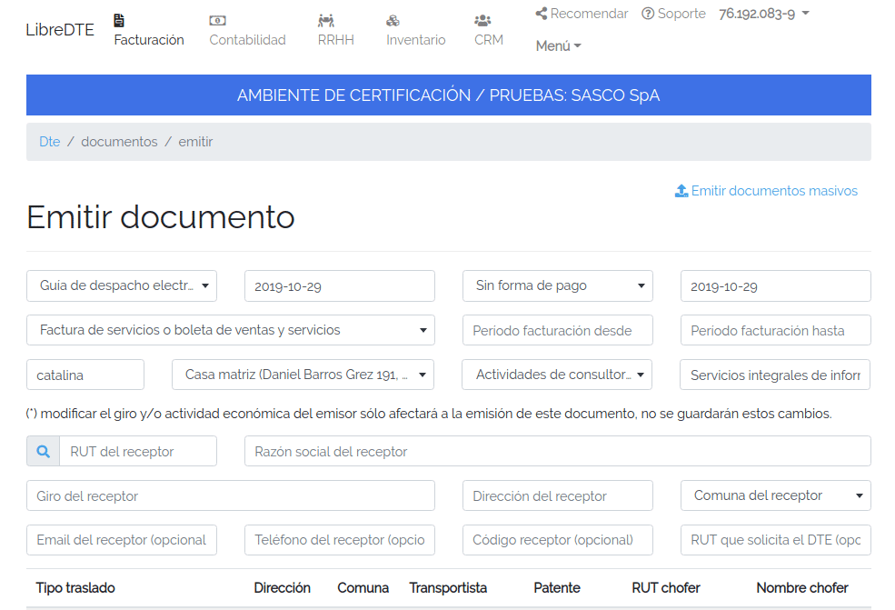 Campo de emisión de documentos LibreDTE
