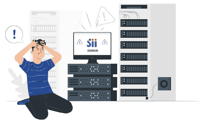 Ilustración de hombre frente a computador preocupado por error del SII