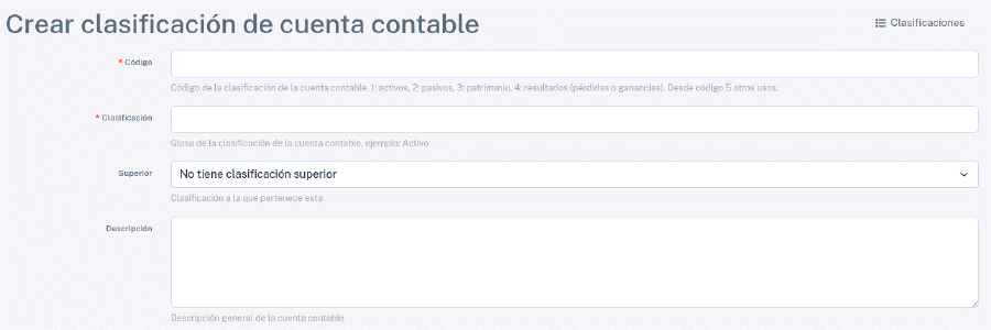 Crear clasificación cuenta contable
