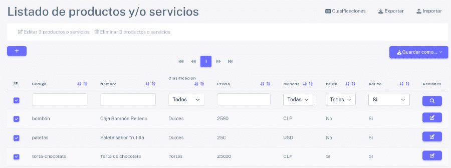 Listado de productos y/o servicios
