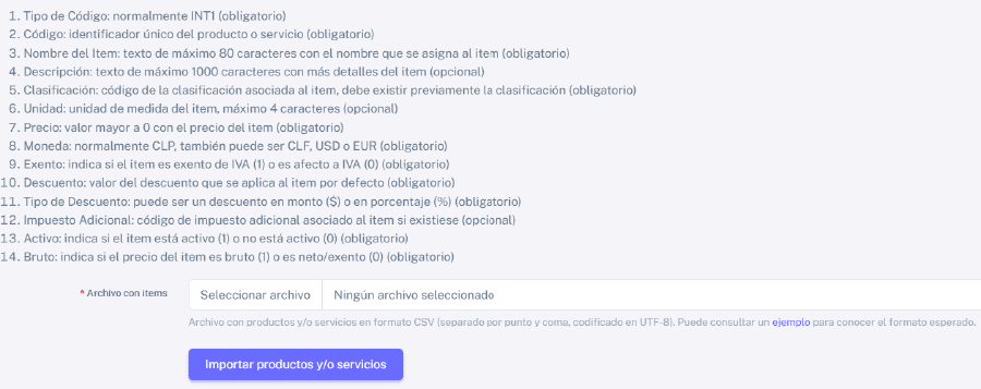 Importar CVS con listado de productos y/o servicios