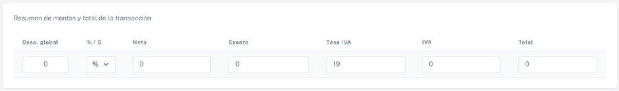 Resumen de montos y total de la transacción