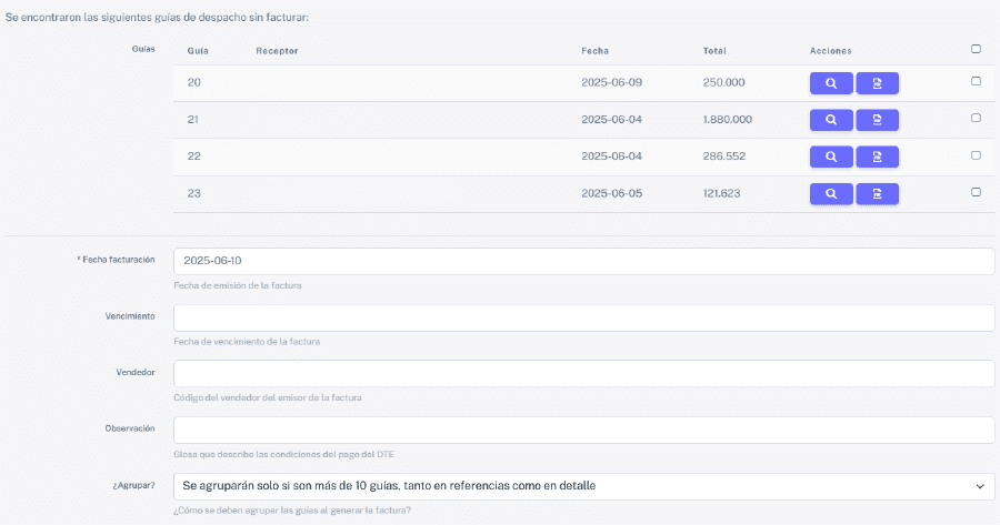 Facturación masiva de guías