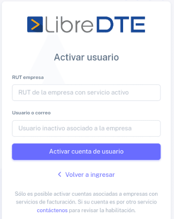 Captura de pantalla del formulario de activación de cuenta de usuario