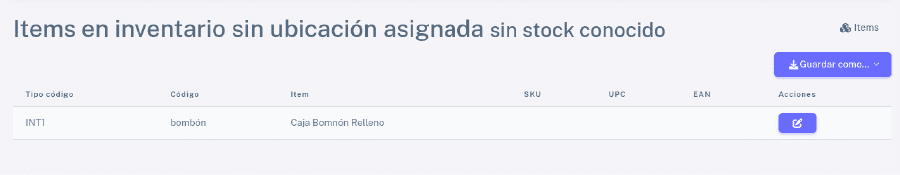 Listado de ítems sin ubicación