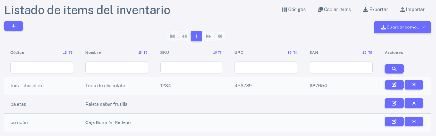 Listado de ítems de inventario