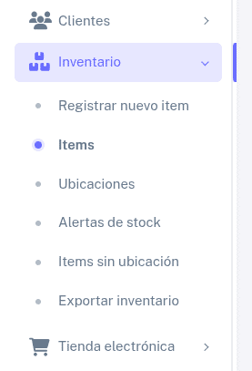 Sección de de items en el menú