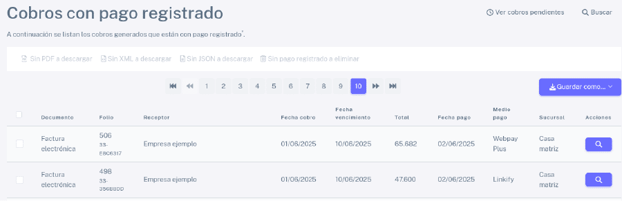 Listado de cobros pagados