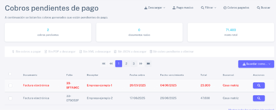 Listado de cobros pendientes