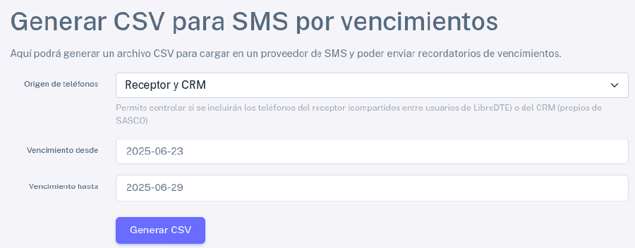 Generar CSV con vencimientos para SMS