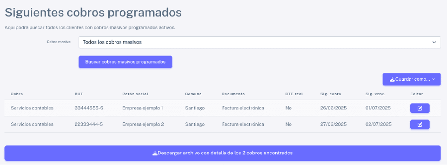 Listado de siguientes cobros
