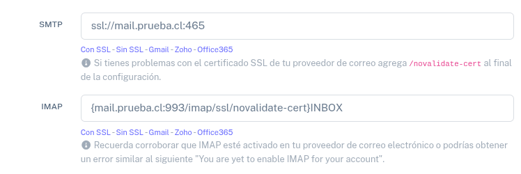 Configuración de los campos SMTP e IMAP