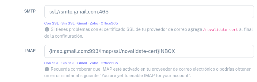 Configuración de los campos SMTP e IMAP con Gmail