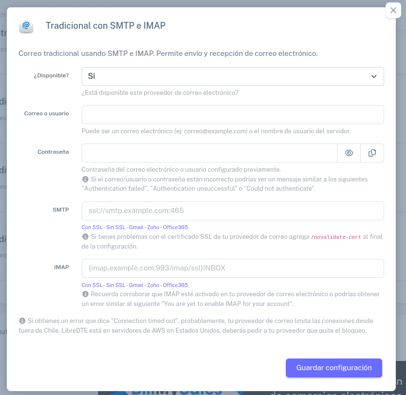 Ventana para configurar correo