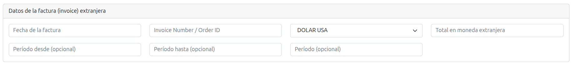Sección Datos de la factura extranjera
