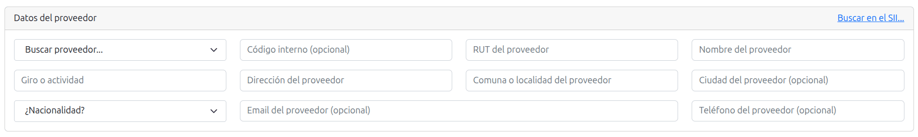Sección Datos del proveedor