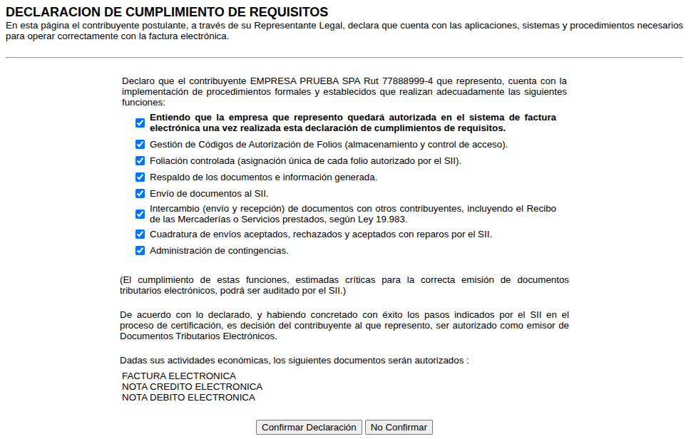 Confirmación de la declaración
