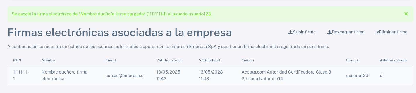 Mantenedor de firma configurado