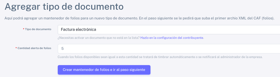 Configura mantenedor de folios