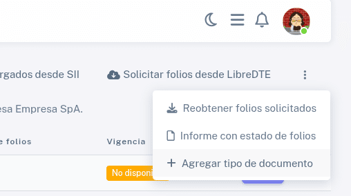 Opción de para agregar tipo de documento